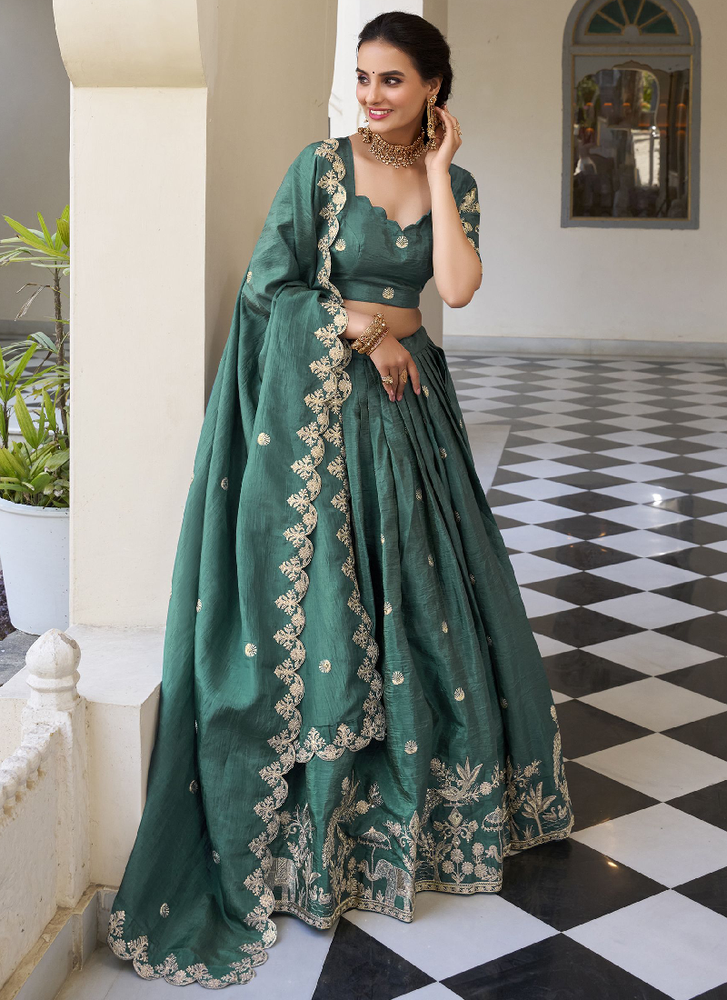 Silk Material Thread Embroidered Green Lehenga Choli For Mehndi