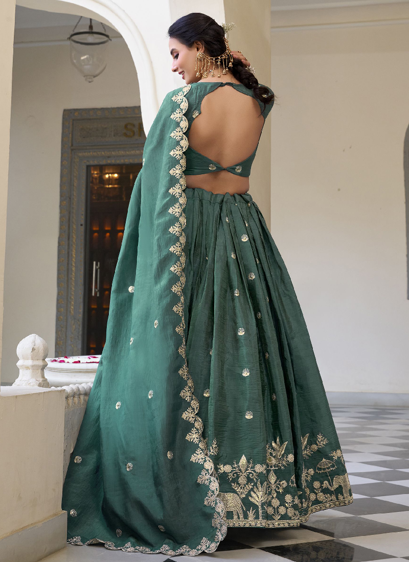 Silk Material Thread Embroidered Green Lehenga Choli For Mehndi