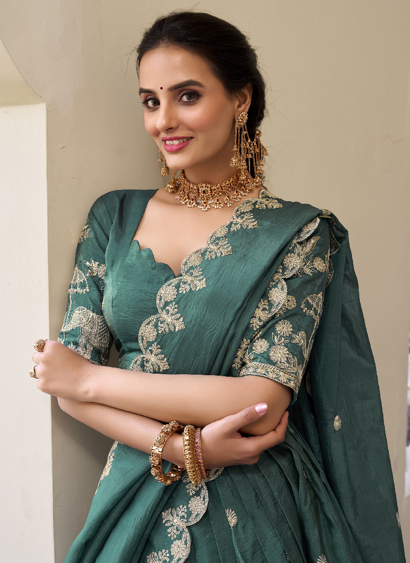 Silk Material Thread Embroidered Green Lehenga Choli For Mehndi