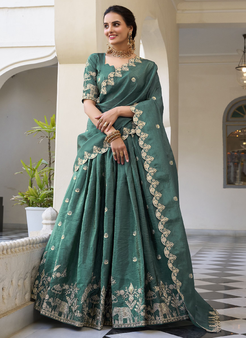 Silk Material Thread Embroidered Green Lehenga Choli For Mehndi