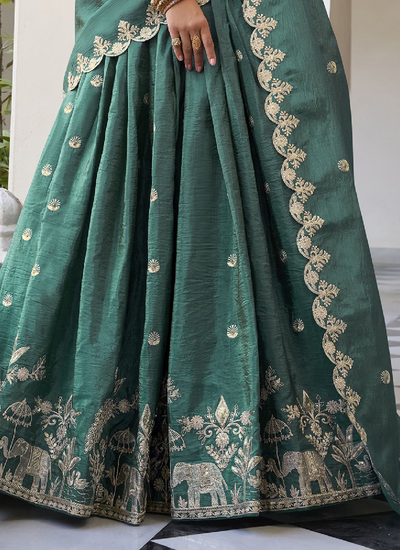 Silk Material Thread Embroidered Green Lehenga Choli For Mehndi