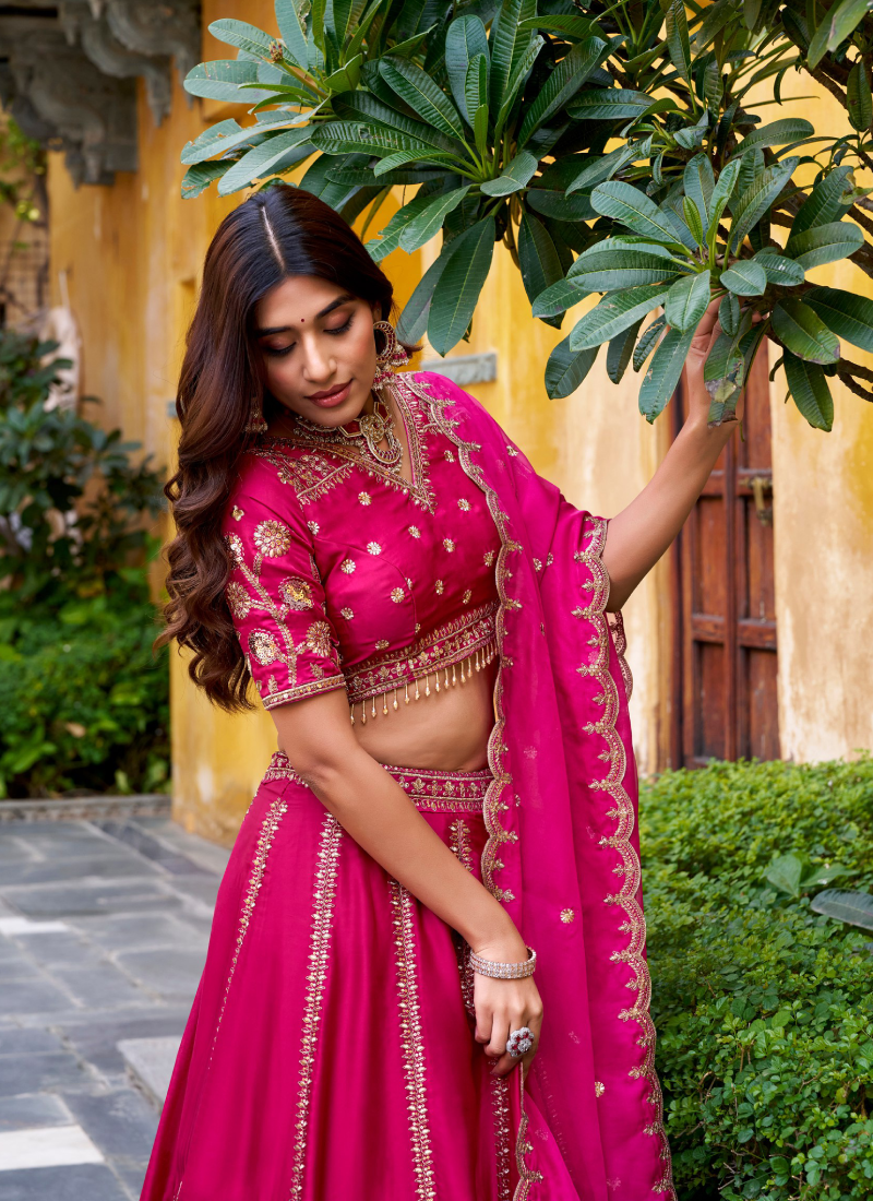 Silk Zari Embroidered Deep Pink Wedding Wear Lehenga Choli For Women