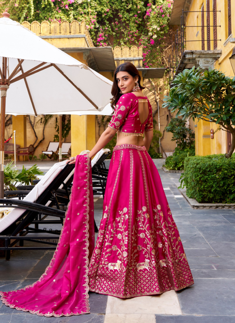 Silk Zari Embroidered Deep Pink Wedding Wear Lehenga Choli For Women