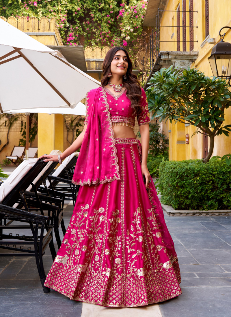 Silk Zari Embroidered Deep Pink Wedding Wear Lehenga Choli For Women
