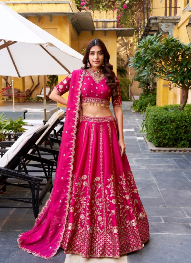Silk Zari Embroidered Deep Pink Wedding Wear Lehenga Choli For Women