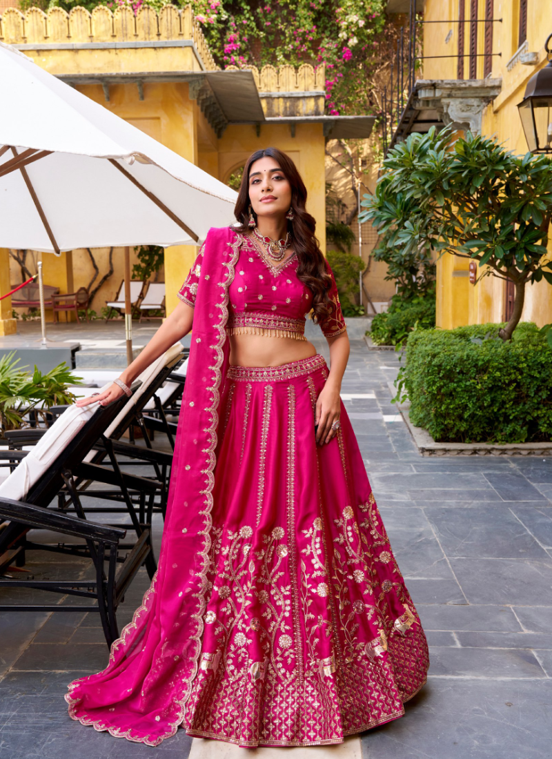 Silk Zari Embroidered Deep Pink Wedding Wear Lehenga Choli For Women