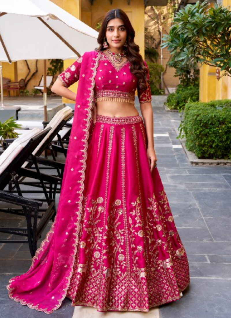 Silk Zari Embroidered Deep Pink Wedding Wear Lehenga Choli For Women