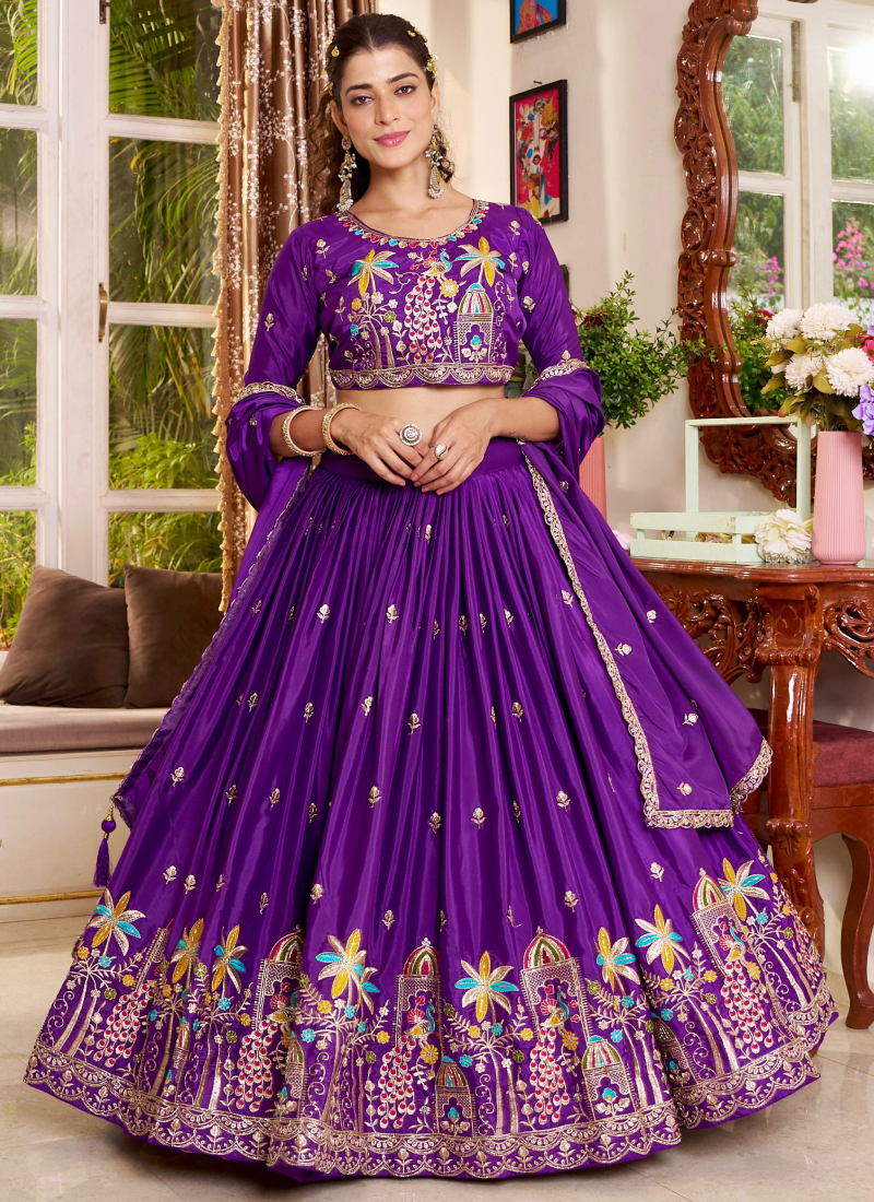 Silk Full Stitched Purple Lehenga Choli With Thread Embroidered Work