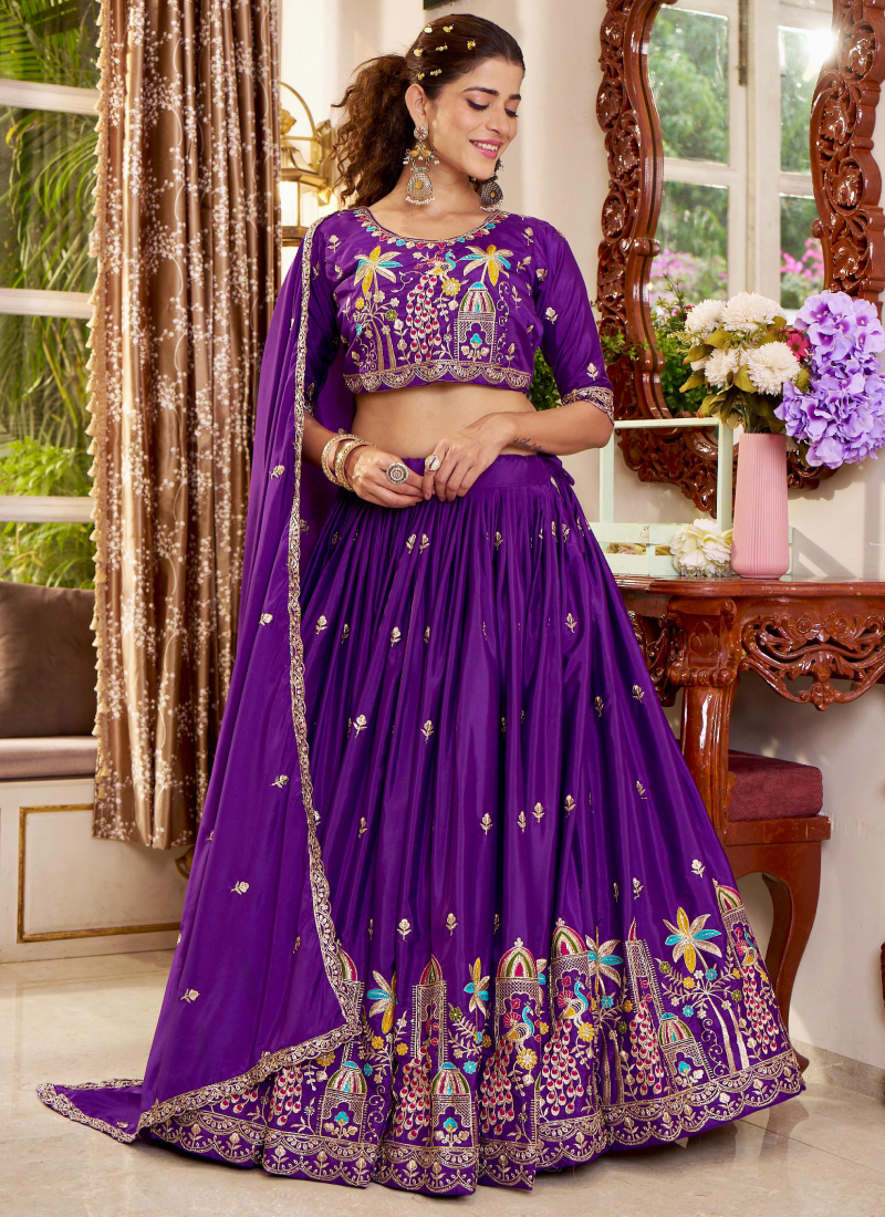 Silk Full Stitched Purple Lehenga Choli With Thread Embroidered Work