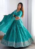 Silk Sequence Embroidery Rama Green Lehenga Choli With Dupatta