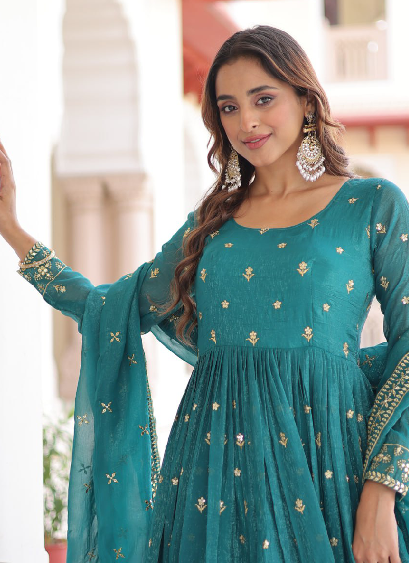 Silver Crunchy Silk Sky Blue Zari Heavy Embroidered Gowm With Dupatta