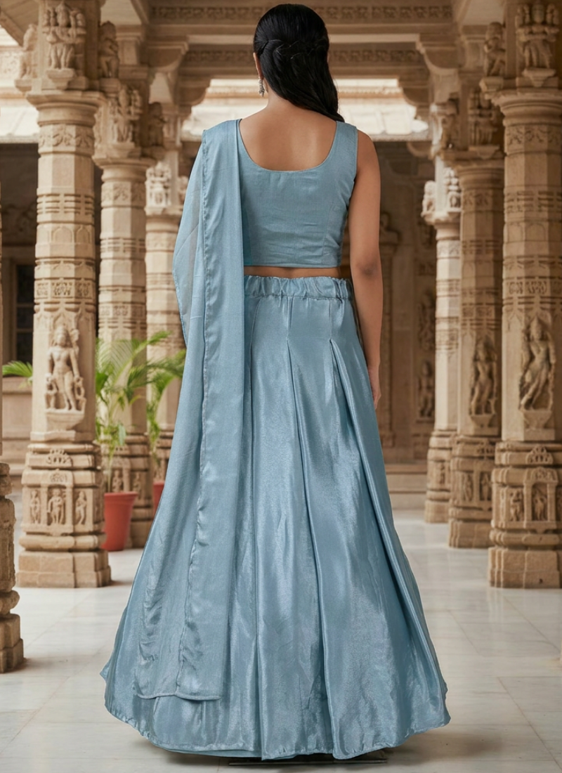 Sky Blue Chinon Silk Heavy Beads Zari Sequence Half Saree Lehenga