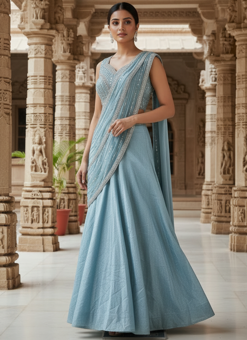 Sky Blue Chinon Silk Heavy Beads Zari Sequence Half Saree Lehenga