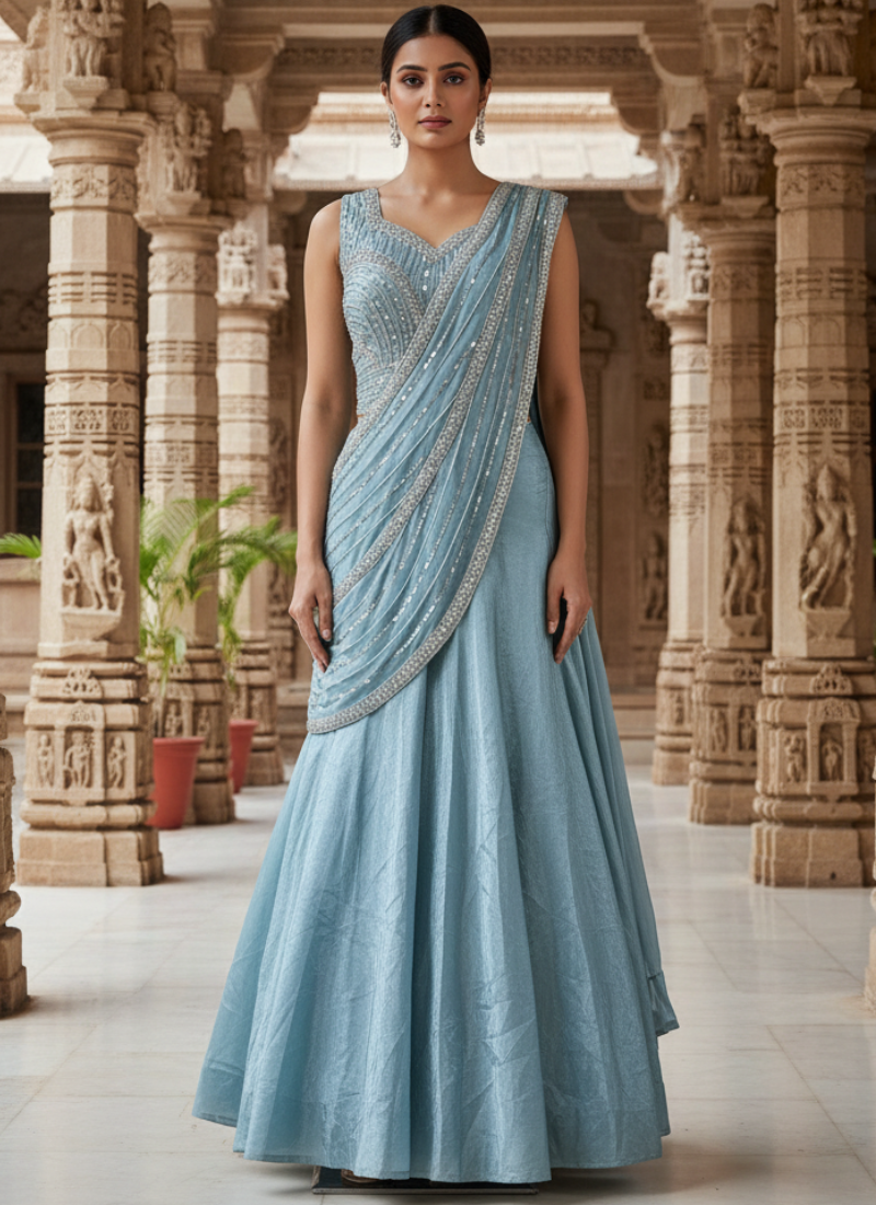 Sky Blue Chinon Silk Heavy Beads Zari Sequence Half Saree Lehenga
