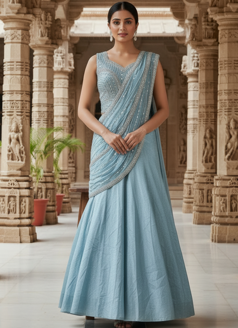 Sky Blue Chinon Silk Heavy Beads Zari Sequence Half Saree Lehenga