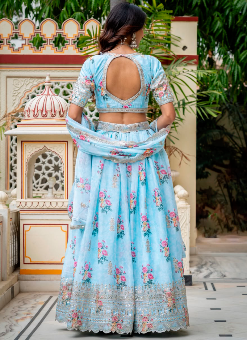 Sky Blue Digital Printed Georgette Lehenga Choli With Embroidery Work