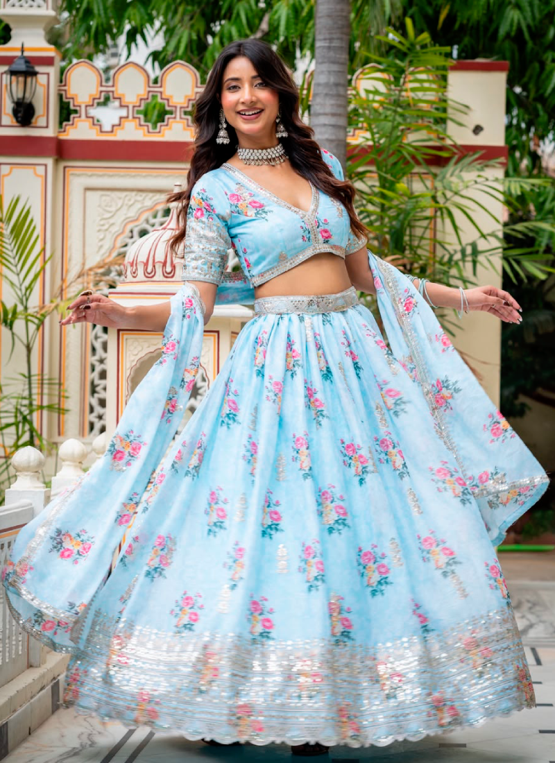 Sky Blue Digital Printed Georgette Lehenga Choli With Embroidery Work