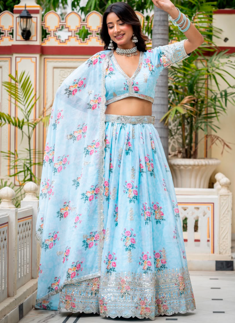 Sky Blue Digital Printed Georgette Lehenga Choli With Embroidery Work