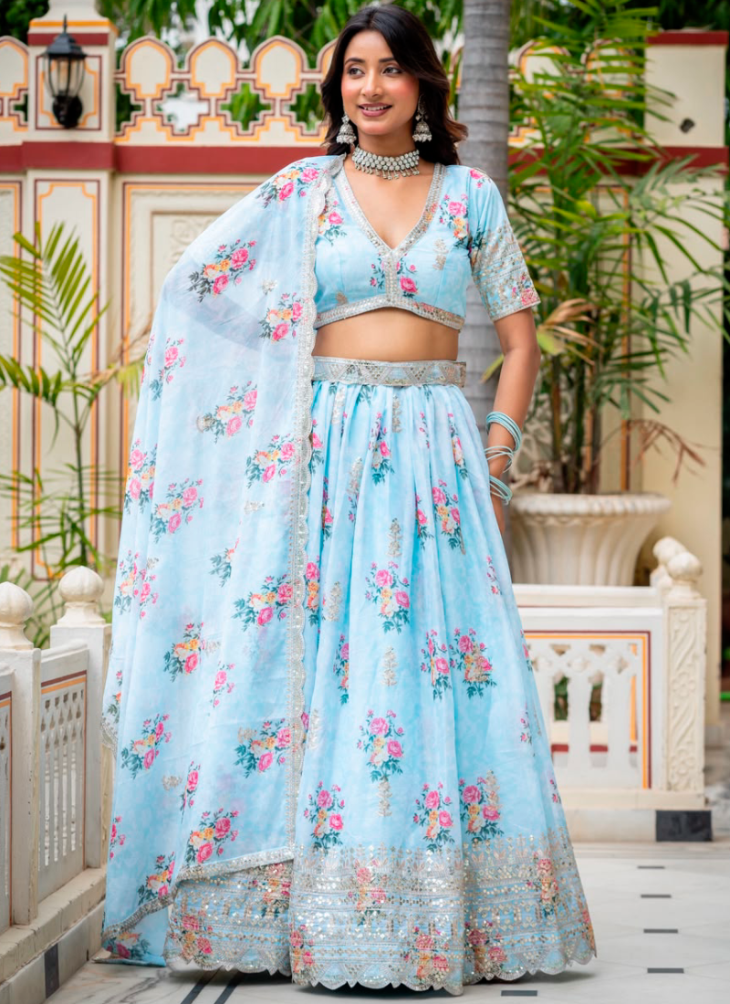 Sky Blue Digital Printed Georgette Lehenga Choli With Embroidery Work