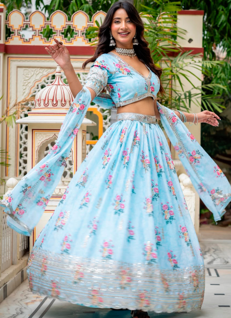 Sky Blue Digital Printed Georgette Lehenga Choli With Embroidery Work