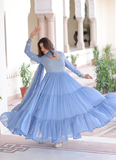 Sky Blue Faux Georgette Sequence Embroidered Three Layer Frill Gown