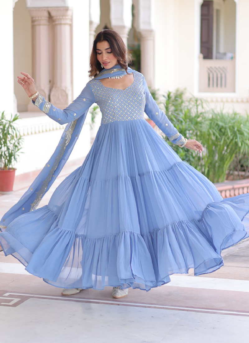 Sky Blue Faux Georgette Sequence Embroidered Three Layer Frill Gown