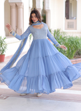 Sky Blue Faux Georgette Sequence Embroidered Three Layer Frill Gown