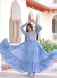Sky Blue Faux Georgette Sequence Embroidered Three Layer Frill Gown