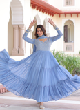 Sky Blue Faux Georgette Sequence Embroidered Three Layer Frill Gown