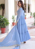 Sky Blue Faux Georgette Sequence Embroidered Three Layer Frill Gown