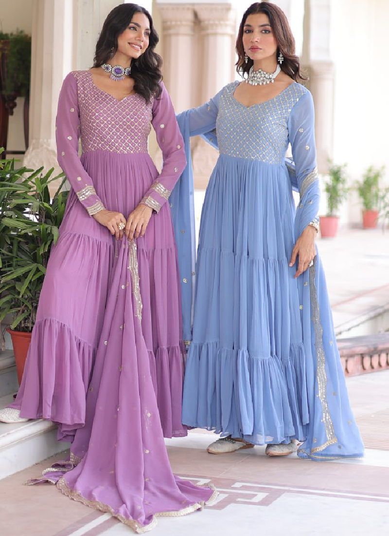 Onion Pink Georgette Embroidered Work Designer Long Gown With Dupatta