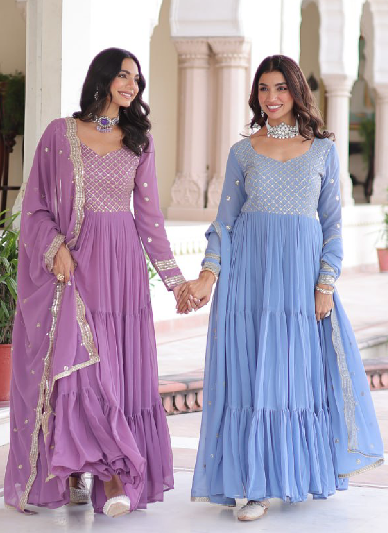 Onion Pink Georgette Embroidered Work Designer Long Gown With Dupatta