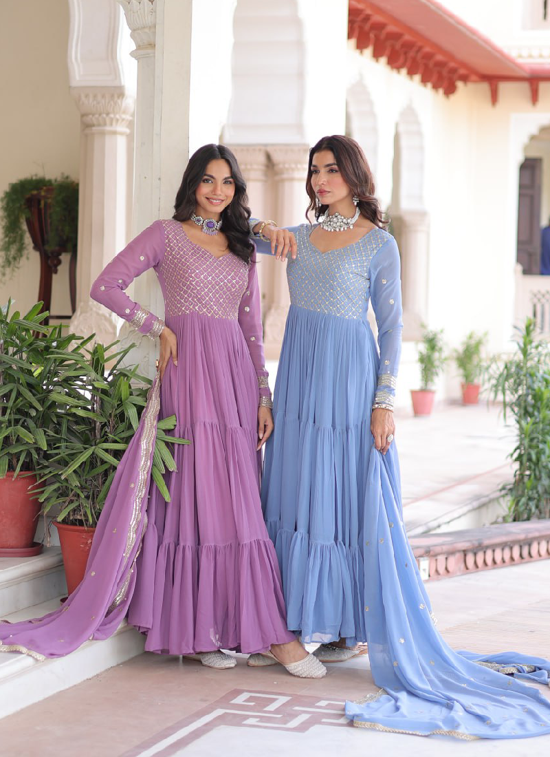 Onion Pink Georgette Embroidered Work Designer Long Gown With Dupatta