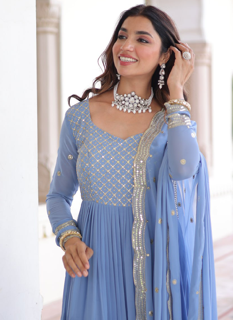 Sky Blue Faux Georgette Sequence Embroidered Three Layer Frill Gown