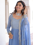Sky Blue Faux Georgette Sequence Embroidered Three Layer Frill Gown