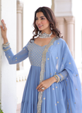 Sky Blue Faux Georgette Sequence Embroidered Three Layer Frill Gown