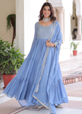 Sky Blue Faux Georgette Sequence Embroidered Three Layer Frill Gown