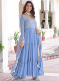 Sky Blue Faux Georgette Sequence Embroidered Three Layer Frill Gown