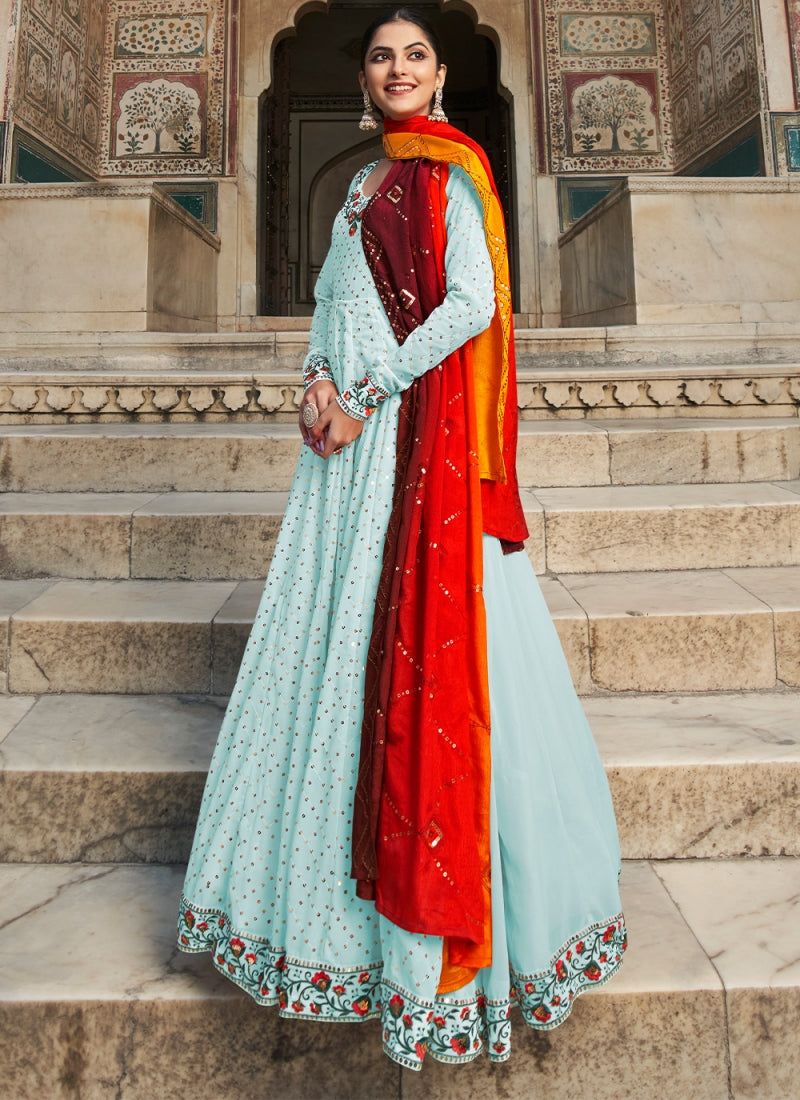 Sky Blue Georgette Sequence Work Amazing Gown For Wedding