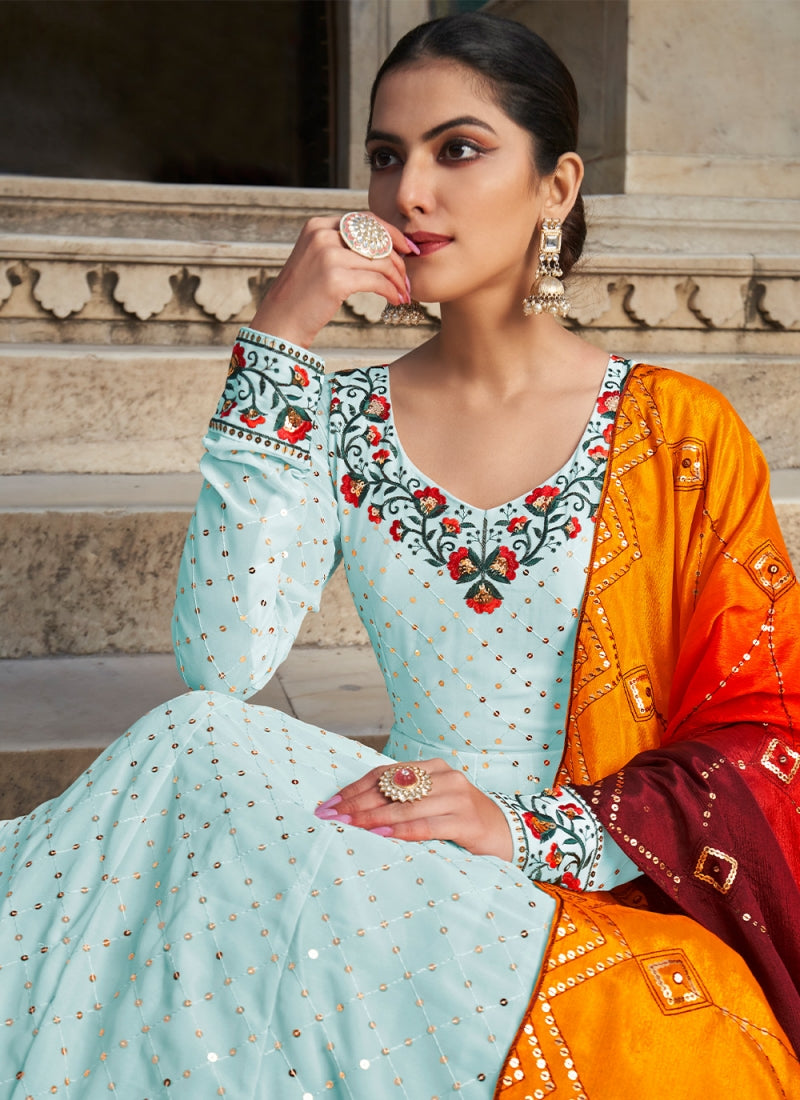 Sky Blue Georgette Sequence Work Amazing Gown For Wedding