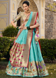 Sky Blue Jacquard Banarasi Silk Weaving Work Paithani Lehenga Choli