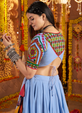 Sky Blue Mirror Work Viscose Cotton Navratri Special Lehenga Choli Set