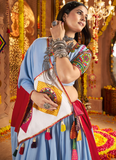 Sky Blue Mirror Work Viscose Cotton Navratri Special Lehenga Choli Set