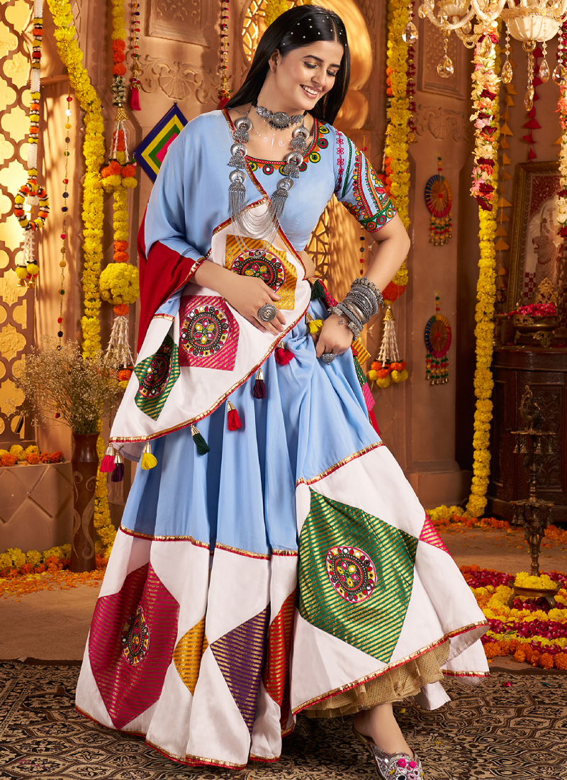 Sky Blue Mirror Work Viscose Cotton Navratri Special Lehenga Choli Set