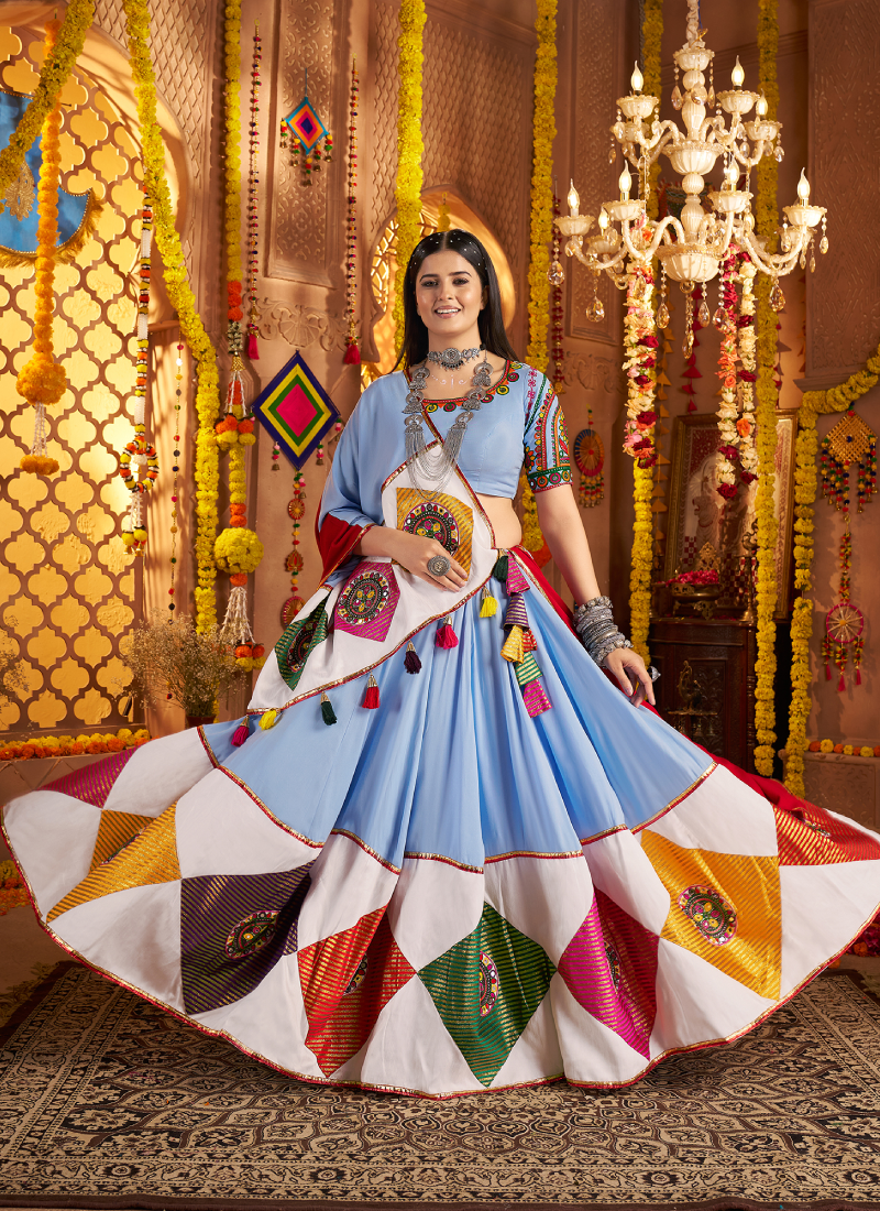 Sky Blue Mirror Work Viscose Cotton Navratri Special Lehenga Choli Set