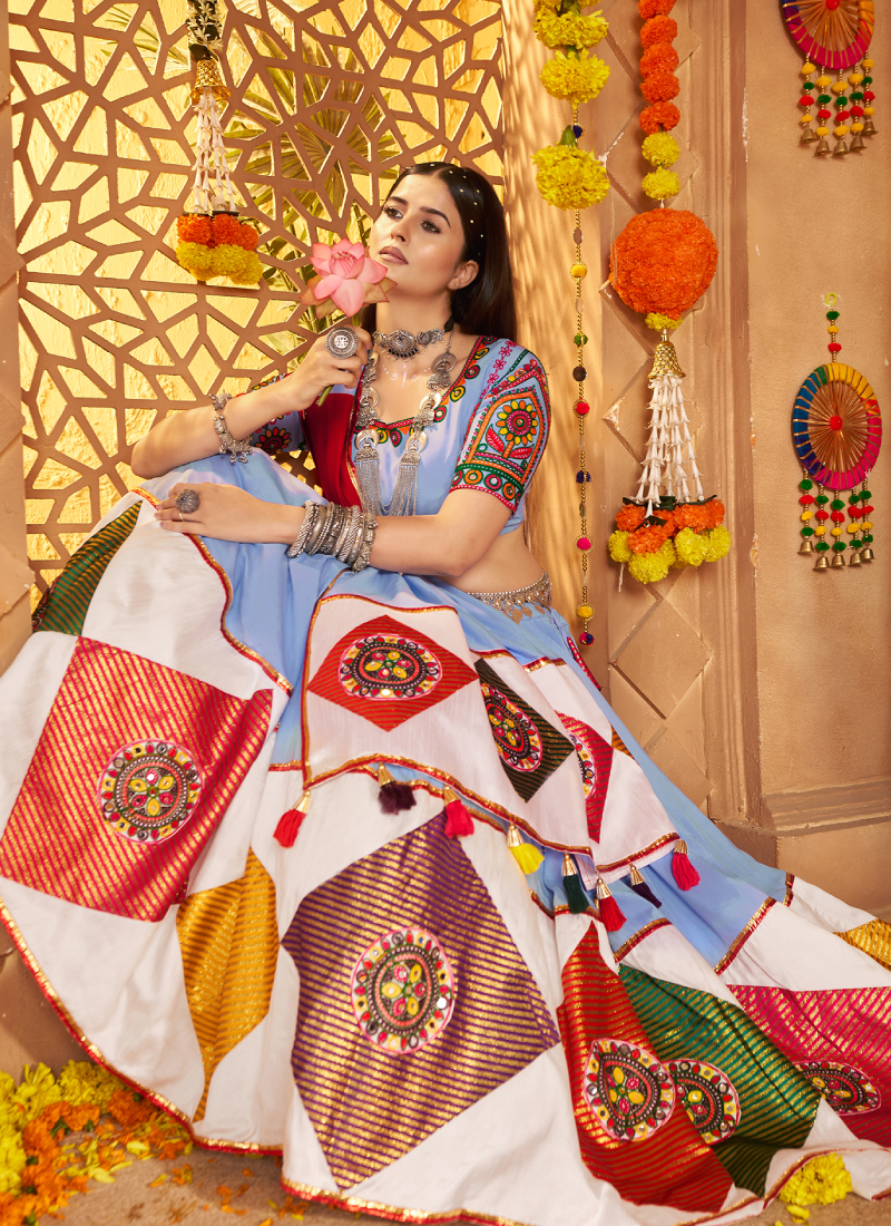 Sky Blue Mirror Work Viscose Cotton Navratri Special Lehenga Choli Set