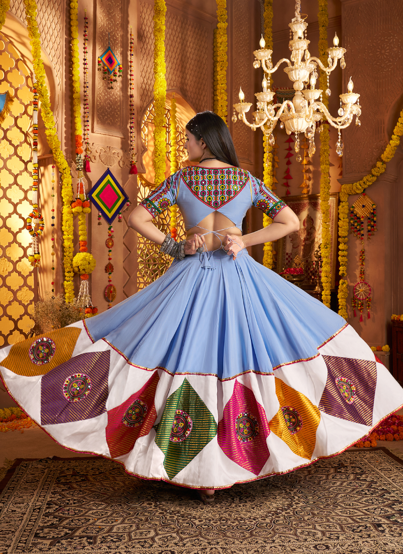 Sky Blue Mirror Work Viscose Cotton Navratri Special Lehenga Choli Set