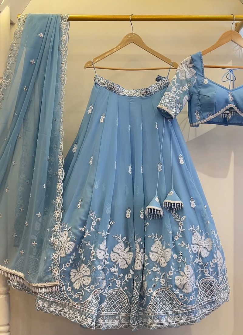 Sky Blue Thread Embroidered Georgette Lehenga Choli For Wedding