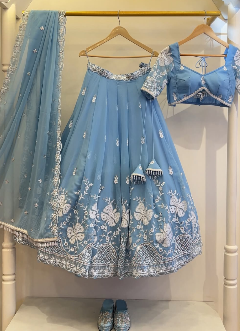 Sky Blue Thread Embroidered Georgette Lehenga Choli For Wedding