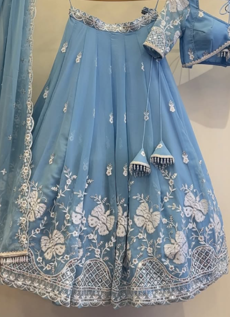 Sky Blue Thread Embroidered Georgette Lehenga Choli For Wedding